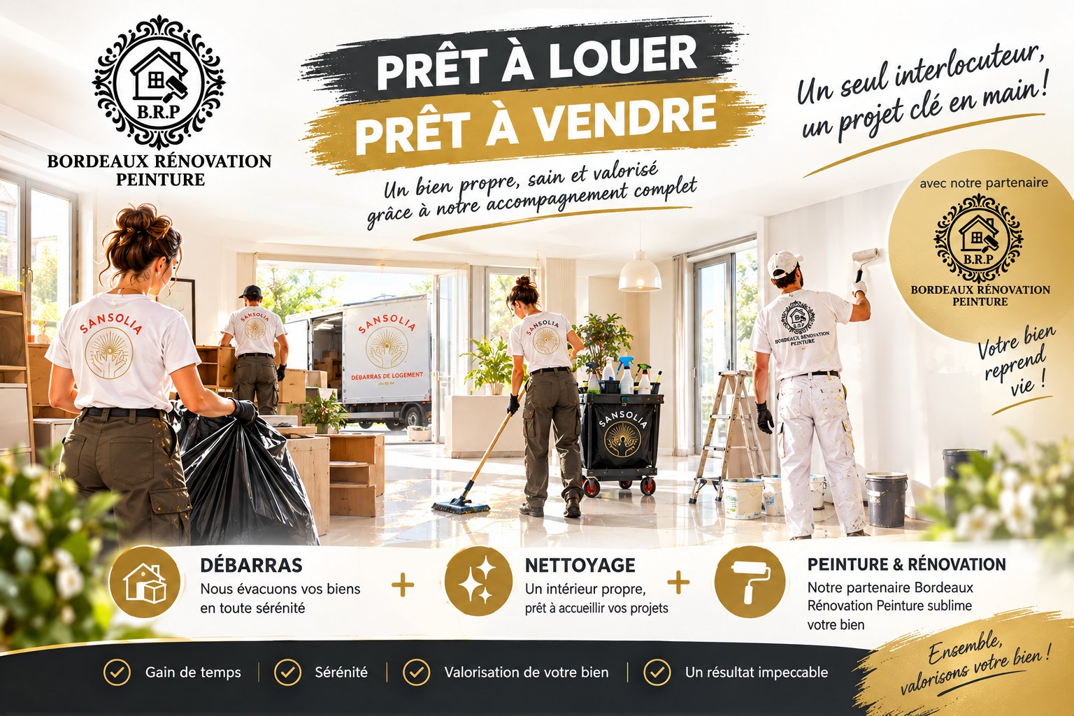 Débarras, nettoyage et peinture d'un appartement à Bordeaux par les équipes Sansolia et Bordeaux Rénovation Peinture pour un logement prêt à louer ou à vendre.